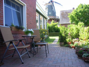 Von der Terrasse schaut man direkt auf die Rysumer Mühle - Bild 7: Ferienwohnung Mühlenblick in Rysum bei Greetsiel