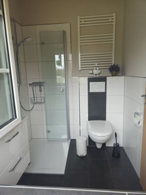 Elegantes Badezimmer mit ebenerdiger Dusche, Spiegelschrank und Fußbodenheizung. - Bild 2: Ferienhaus Sorgenfrei - Urlaub mit dem Hund